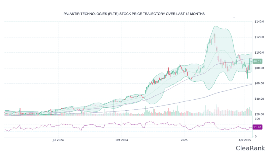 Chart showing 245% gains for Palantir stock year-on-year